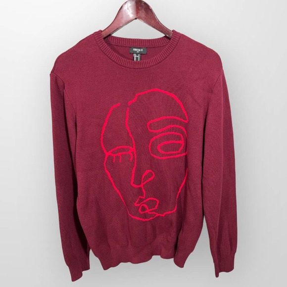 Forever 21 Men (M) Portrait Line Art Graphic Sweater Burgundy/Red NWT - Picture 7 of 8